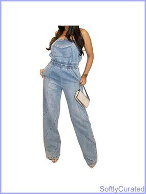 Womens Strapless Cargo Denim Jumpsuit High Waist Backless Jean Romper